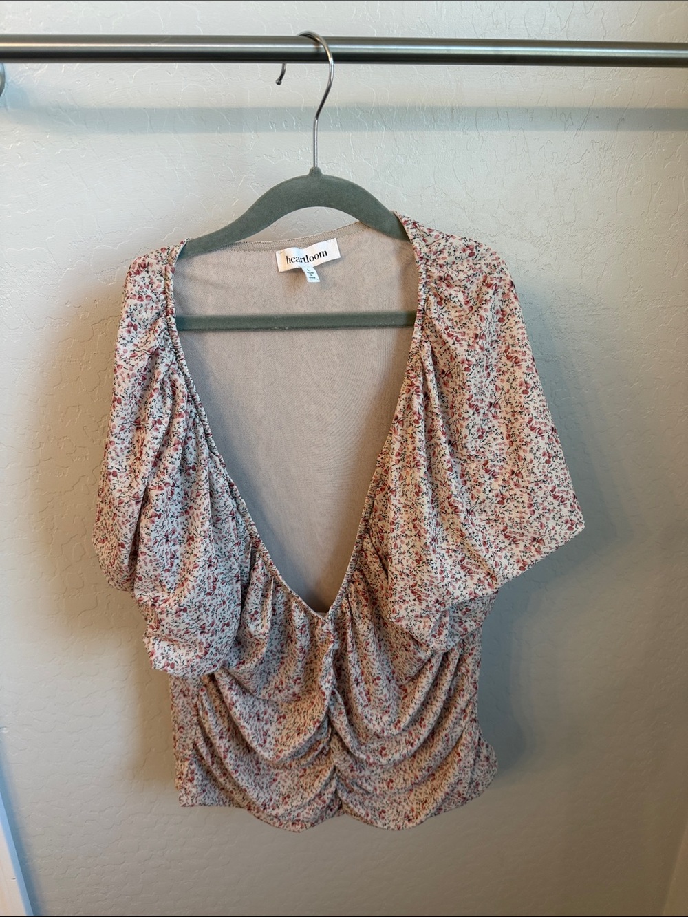 Cream Floral Ruched V-Neck Women’s Top